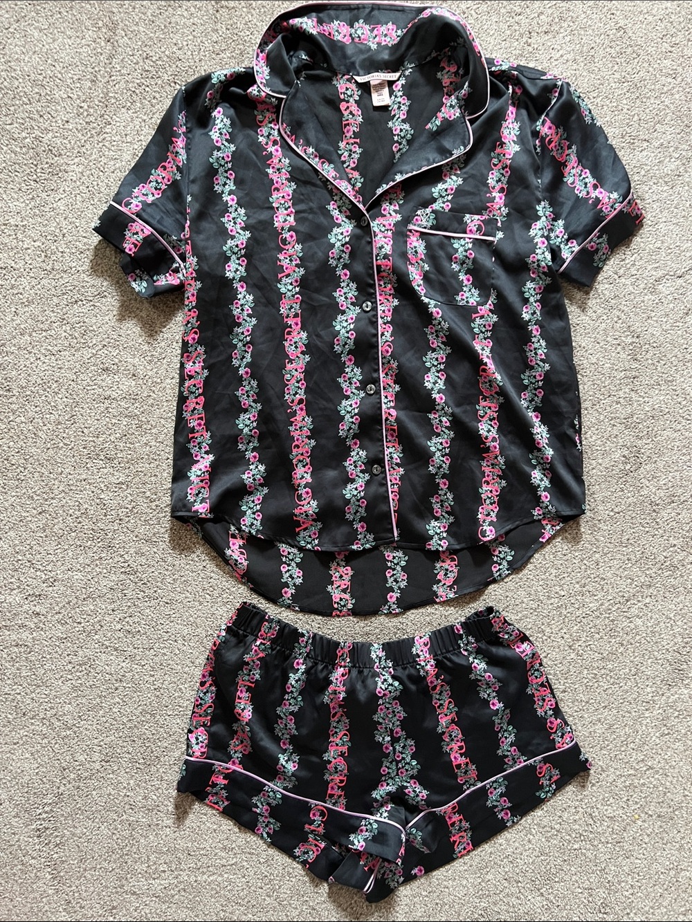 Victoria's Secret Black with Pink Floral Satin Short Pajama Set